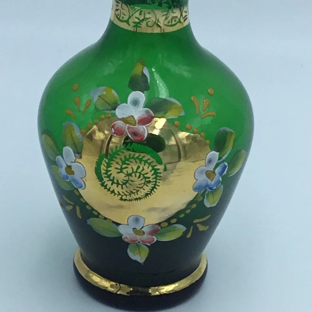 Green Art Glass Floral and Gold Trim Vase